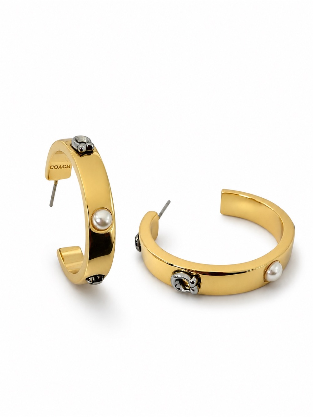 Coach Gold Pegged Signature & Stone Hoop Earrings